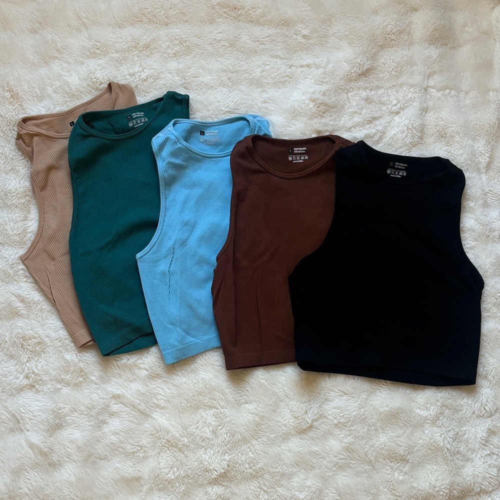 Women's Set 5 Ribbed Stretchy Tank Tops Tan Green Blue Brown Black NEW L Large